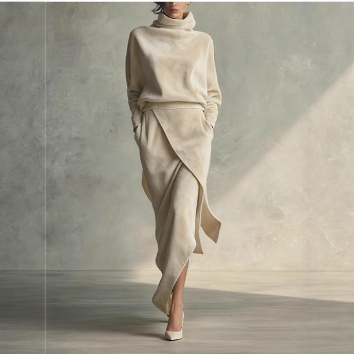 Solid Color Velvet Suede A-Line Midi Dress – Elegant Long Sleeve High Waist Dress