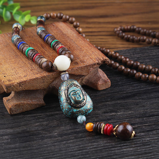 Ethnic Style Nepal Linen Rope Wooden Bead Pendant Necklace – Buddha Six Words Mantra Amulet