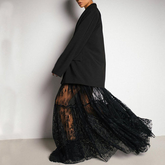 Fashion Personalized Lace Skirt For Women – Elegant Solid Black Lace Midi Skirt