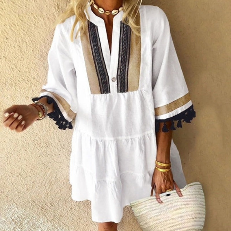 Vintage Elegant Woman's Boho Summer Floral Sundress V Neck Trumpet Sleeve Tassle