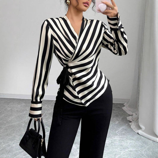 Black Striped Slim Fit Long Sleeve Shirt – Elegant Patchwork Commuter Top