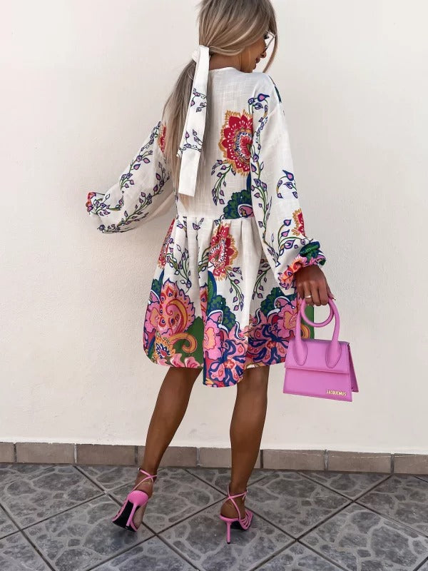 Haute Boho Women's Colorful Pullover Bohemian Long Sleeve V-Neck Dress