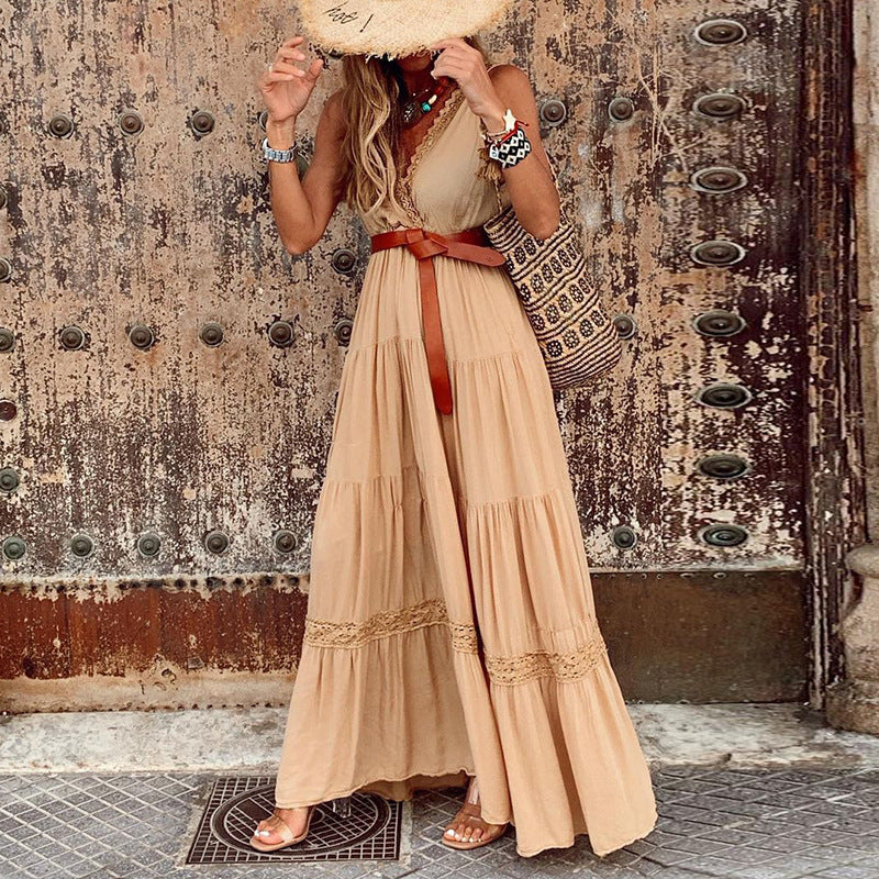 French High Waist Cotton V-Neck Boho Chic High Street Bohemian Dress