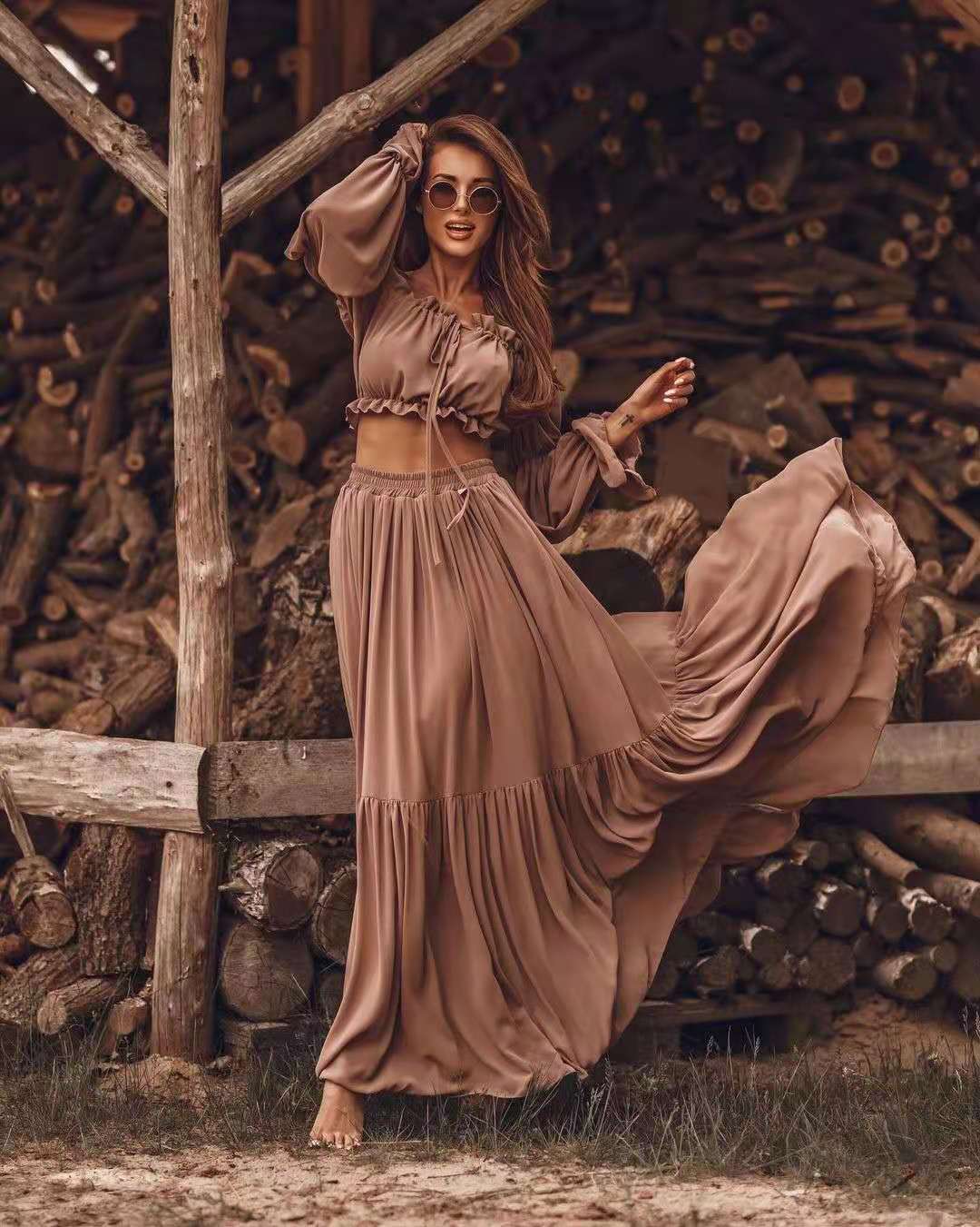 Sashay Apparel Long-Sleeved Off-the-Shoulder Blouse And Maxi Skirt Set