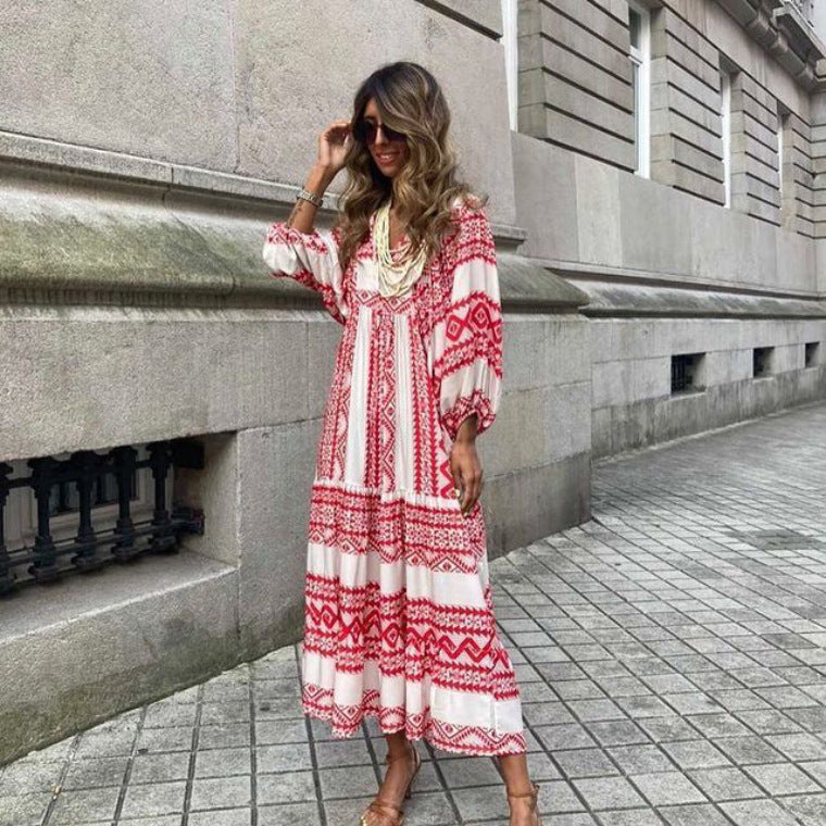 Women's Summer Bohemian Dress Elegant Loose V-Neck Short Sleeve Long Dresses
