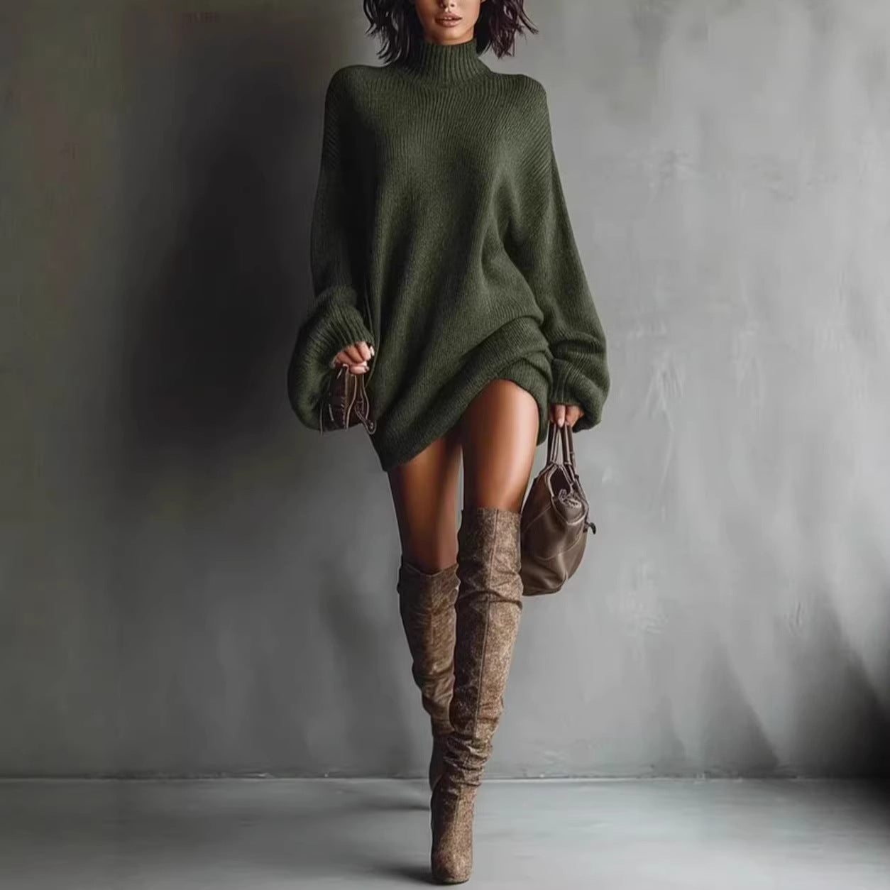 New Autumn Knitted Lantern Sleeve Color Block Dress – Loose Fit Long Sweater Dress
