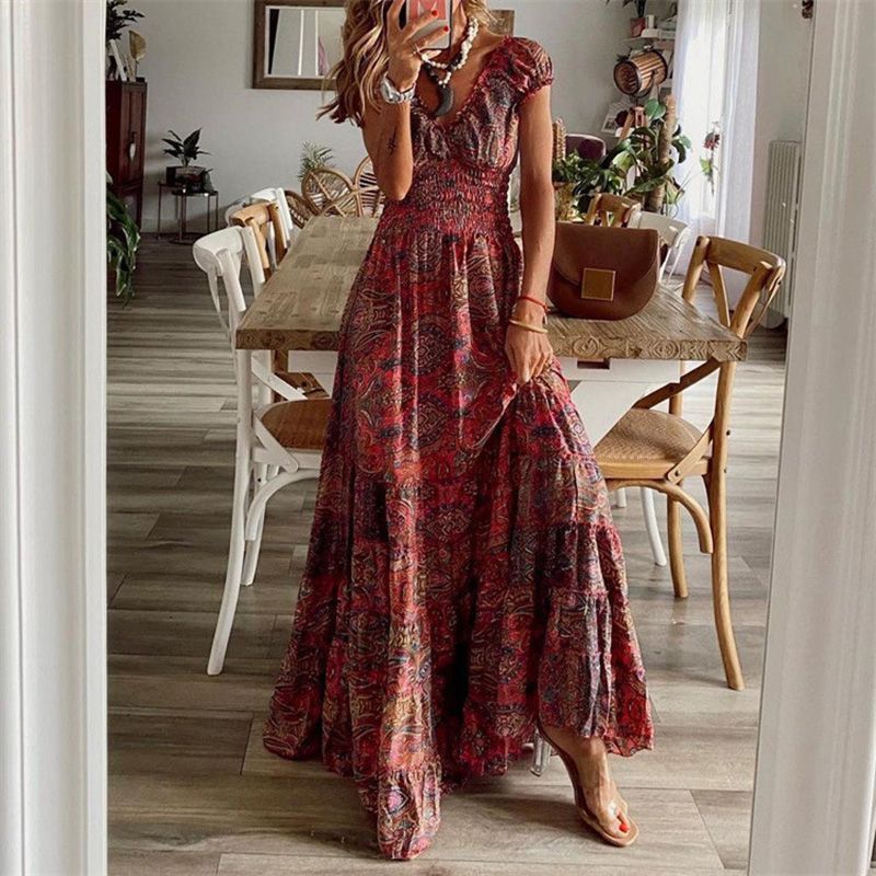 Sashay Apparel Bohemian Vintage High-Waisted Floral Dress For Women