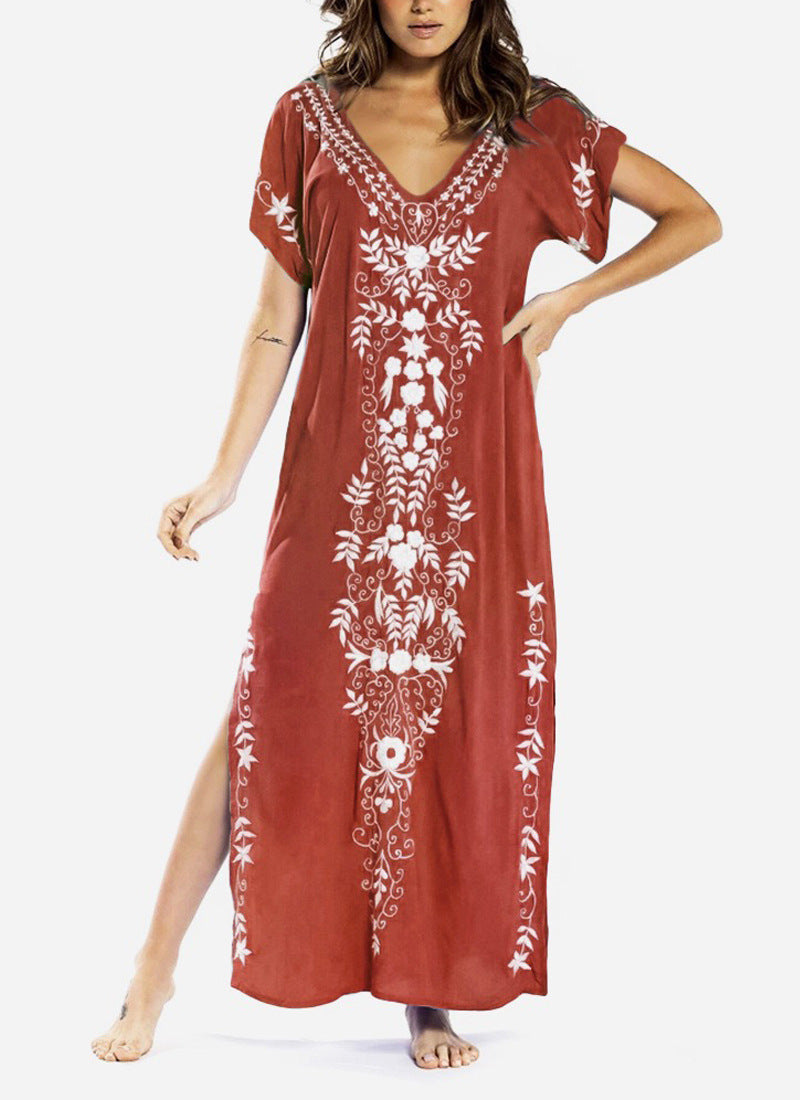 Women's Cotton Blend V-Neck Beach Cover-Up Beach Dress