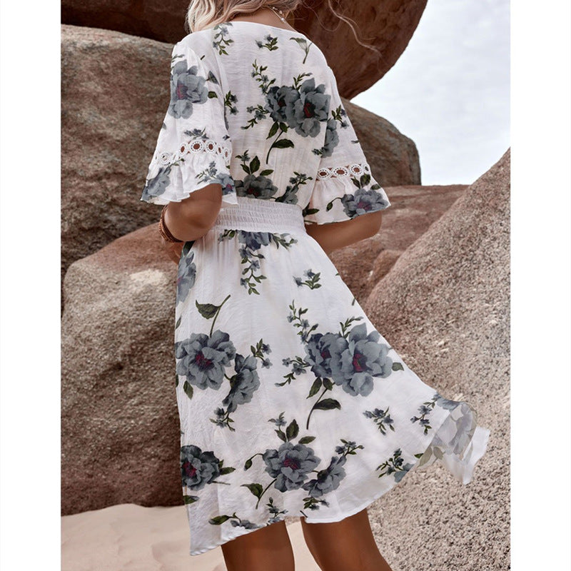 Lace Stitching V-Neck Bohemian Casual Vacation Style Dress