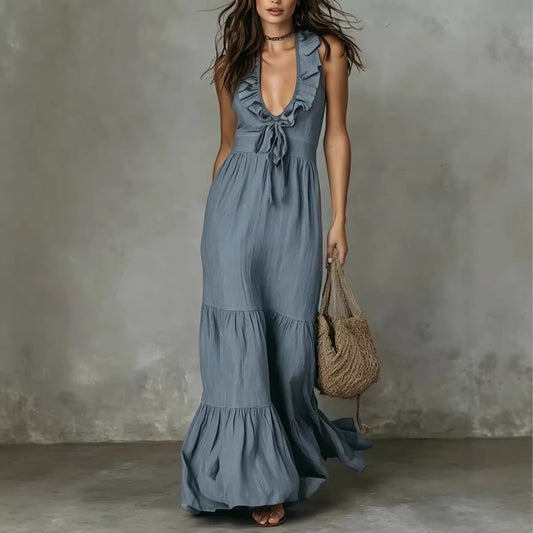 Sleeveless Cotton-Linen V-Neck Maxi Dress – Breathable Straight Cut Long Dress