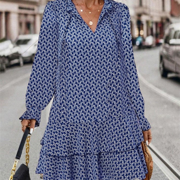 Bohemian Printed V-neck Lace-up Long Sleeve Dress for Women