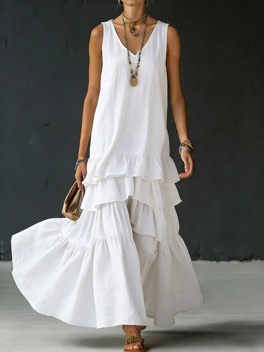 Solid-color Womens Loose-fitting Full-skirted Sleeveless Dress