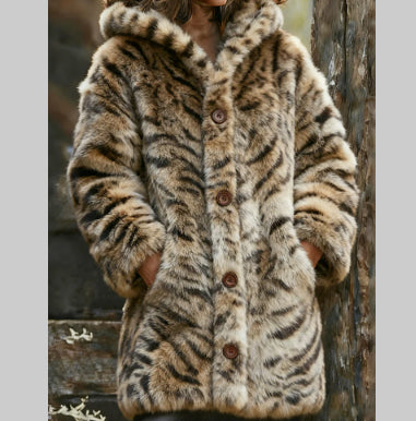 Elegant Chic Tiger Stripe Printed Womens Hooded Jacket – Thick Fleece Lined Winter Coat