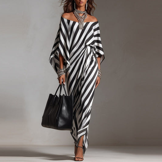 Striped Off-Shoulder Loose Maxi Dress – Casual Summer Flowy Beach Dress