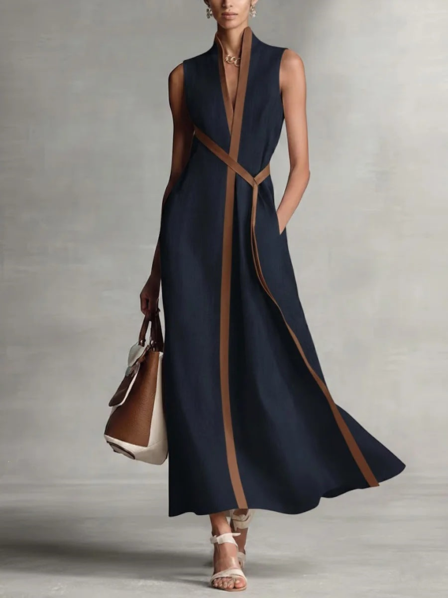 Color Block Sleeveless Stand Collar Linen Blend Dress – Elegant Summer Midi Dress