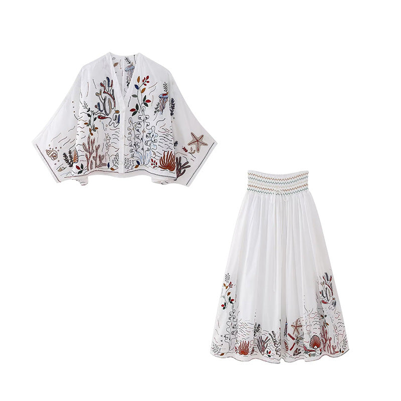 Boho Sea Life Embroided Shirt/ Skirt Set