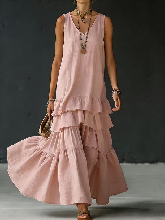 Solid Color Loose-Fitting Full Skirted Sleeveless Maxi Dress – Elegant Flowy Tank Dress