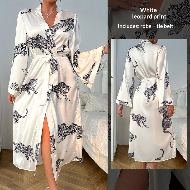 Women's Long Satin Bathrobe Pajamas – Imitation Silk Leopard Print Kimono Robe