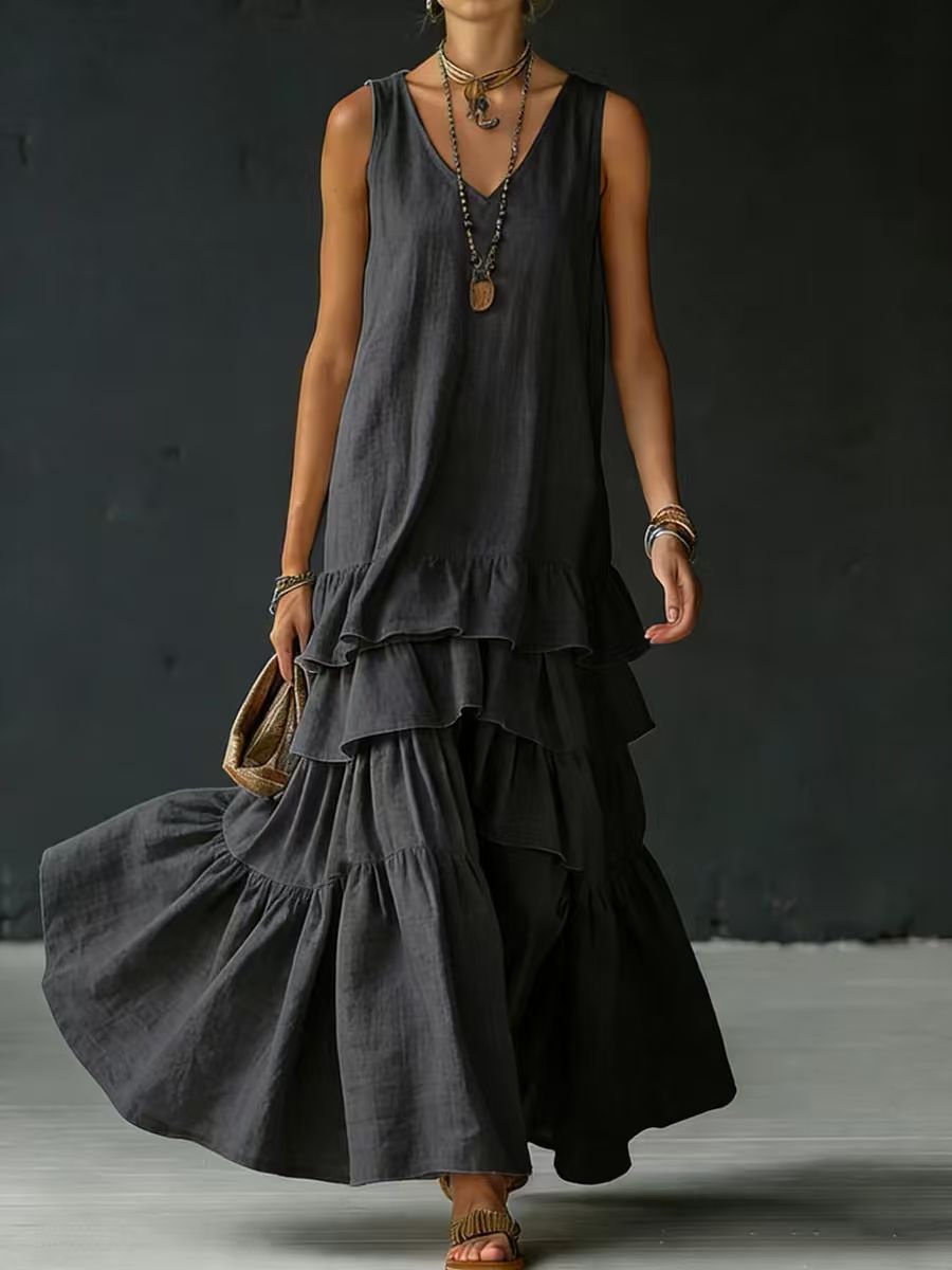 Solid-color Womens Loose-fitting Full-skirted Sleeveless Dress