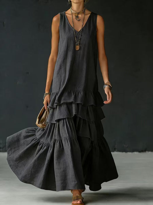 Solid Color Loose-Fitting Full Skirted Sleeveless Maxi Dress – Elegant Flowy Tank Dress