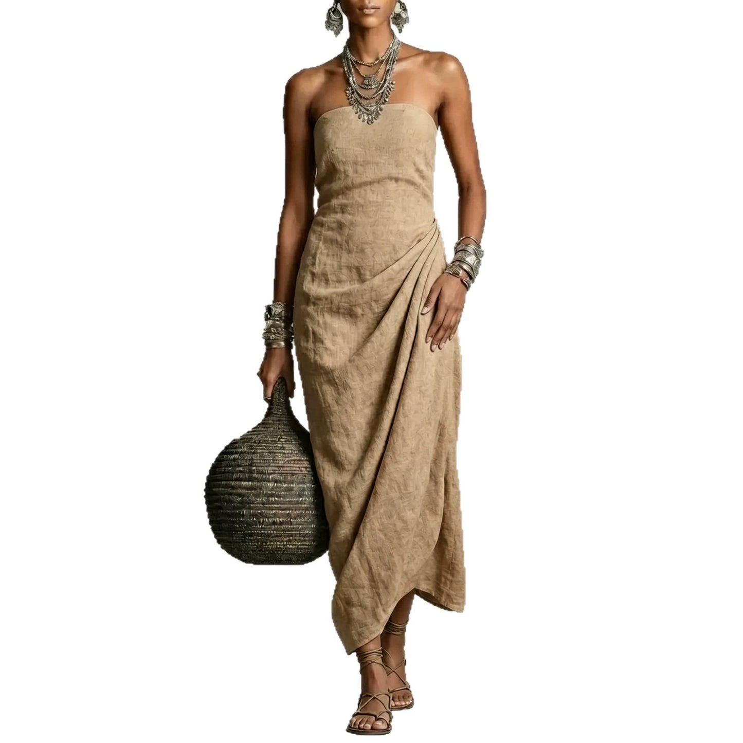 Strapless Pleated Linen Cotton Dress