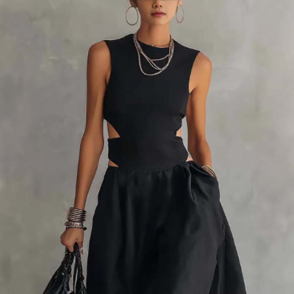 Black Sleeveless Midriff-Baring Elegant Slimming Long Dress – High Waist Cutout Maxi Dress