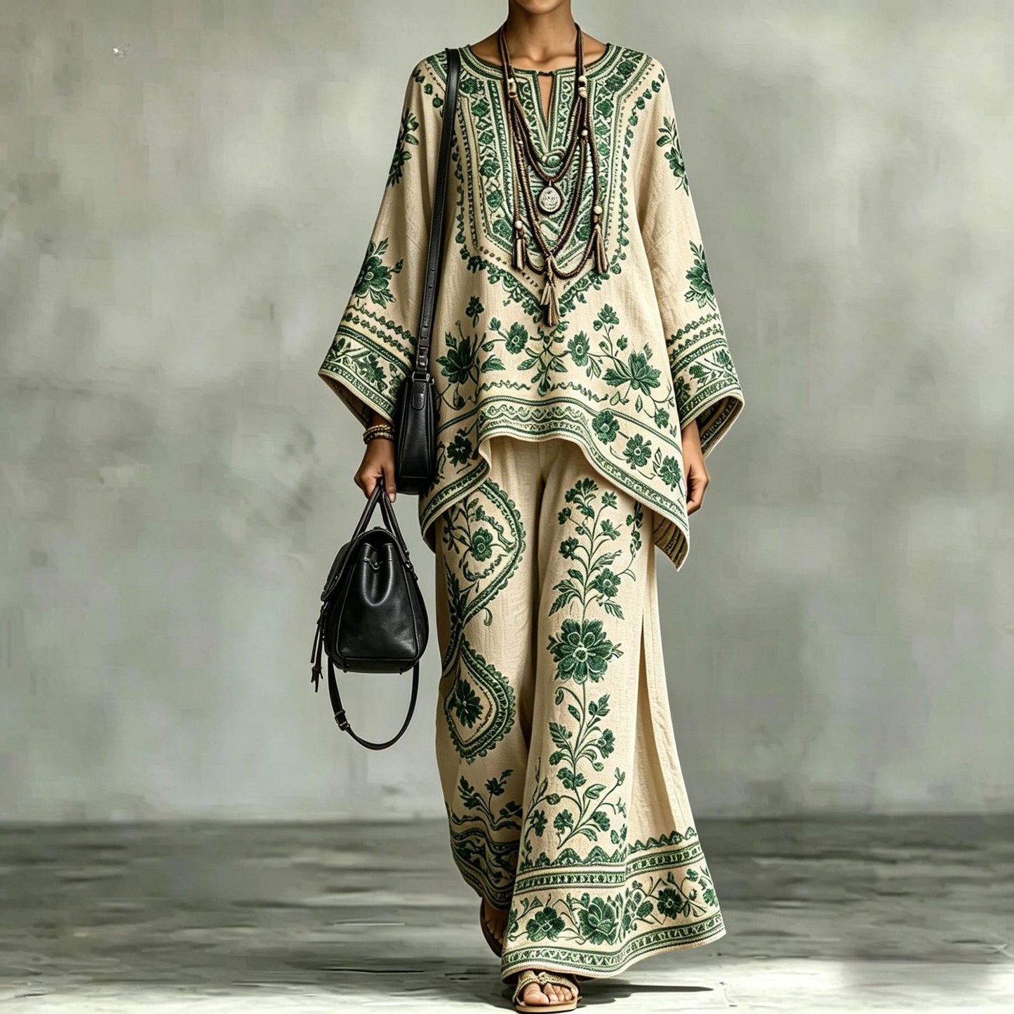 Loose Fit Printed Long Sleeve Top and Pants Set – Comfortable Casual Matching Lounge Set