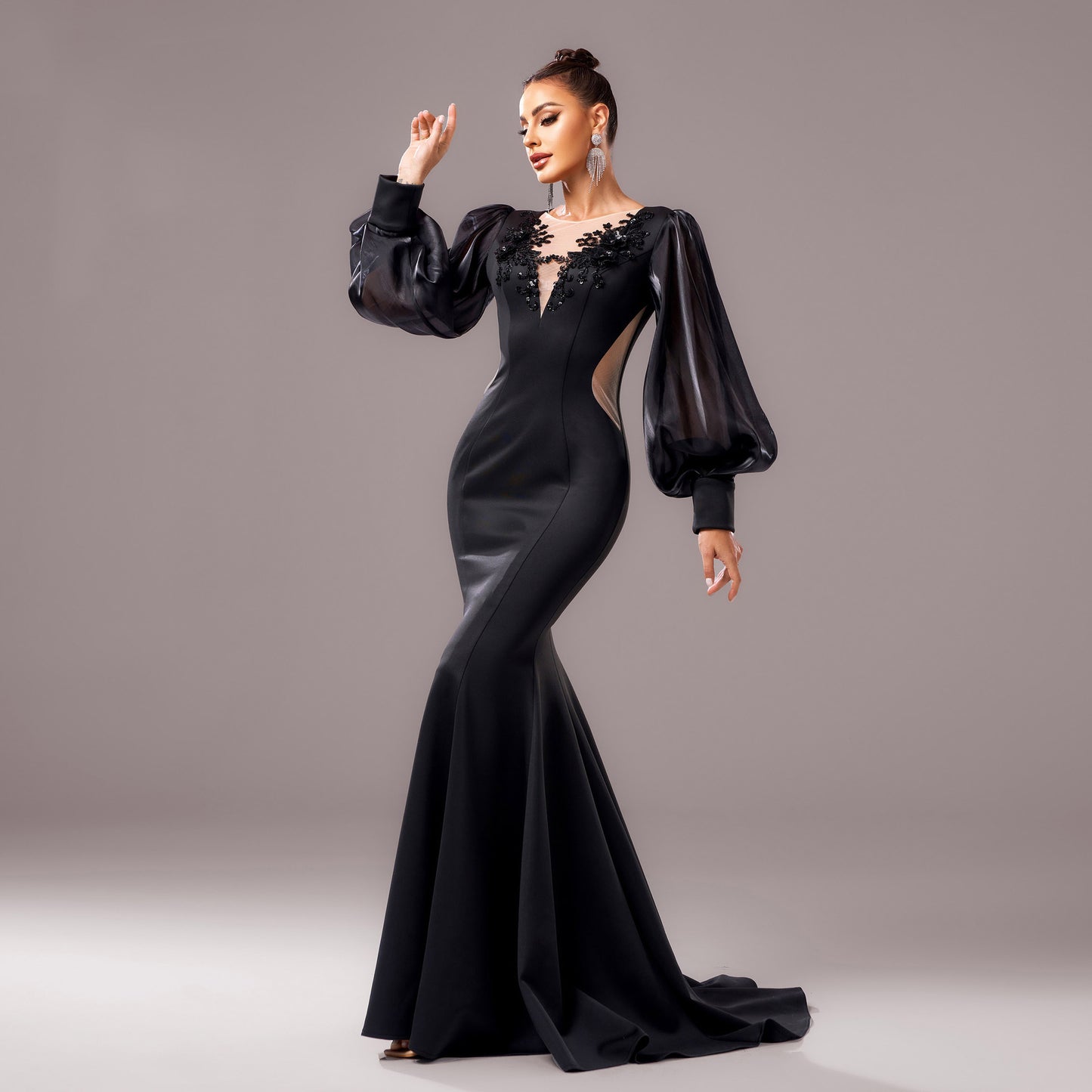 Elegant Sequin Applique Long Sleeve Fishtail Sheath Dress – High Waist Banquet Gown