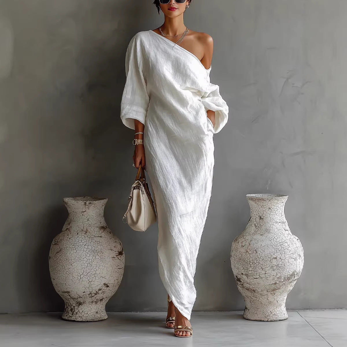 White Off-Shoulder Elegant Long Sleeve Maxi Dress – Flowy Vacation Style