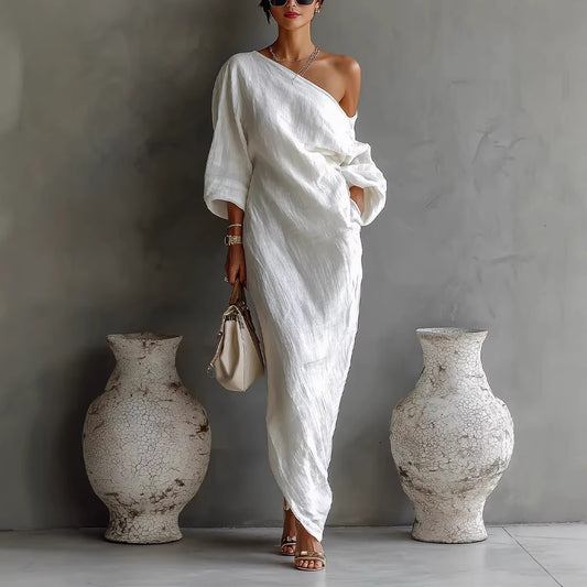 White Off-Shoulder Elegant Long Sleeve Maxi Dress – Flowy Vacation Style