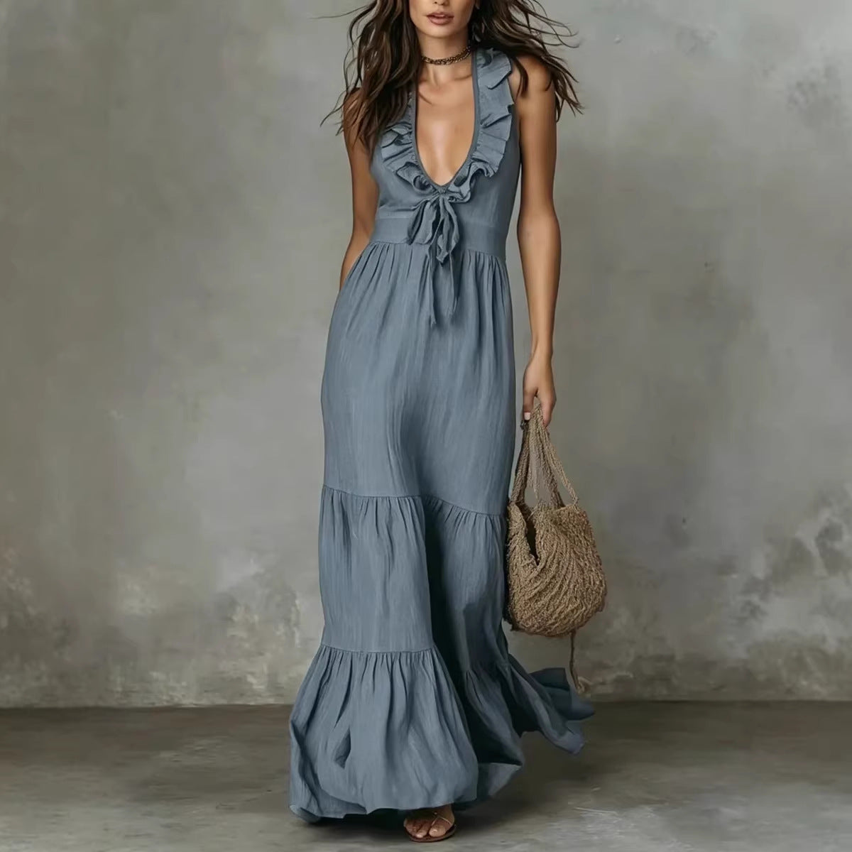 Sleeveless Cotton-Linen V-Neck Maxi Dress – Breathable Straight Cut Long Dress