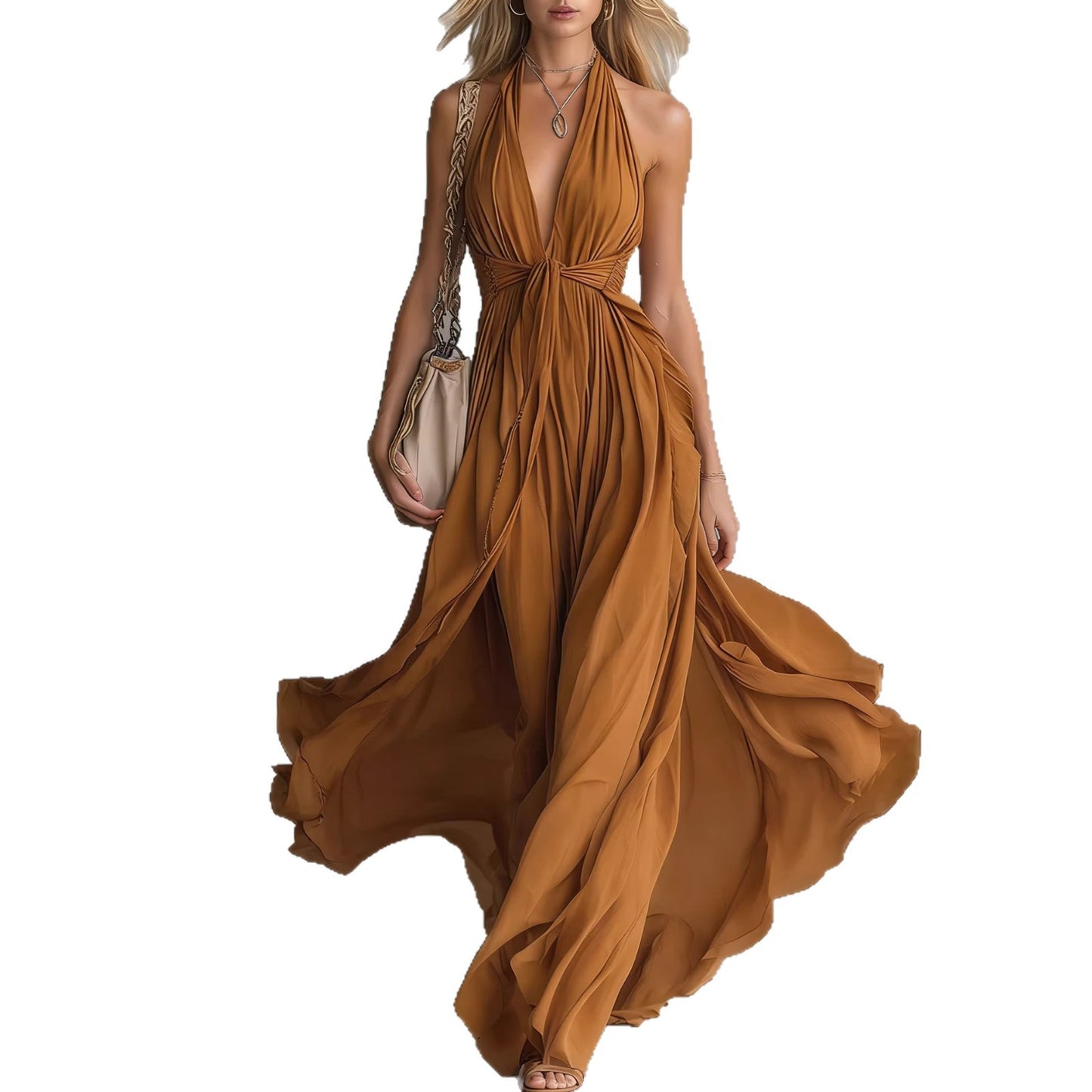 Solid Color V-Neck Sleeveless Waist-Cinching Maxi Dress – Elegant Fit & Flare