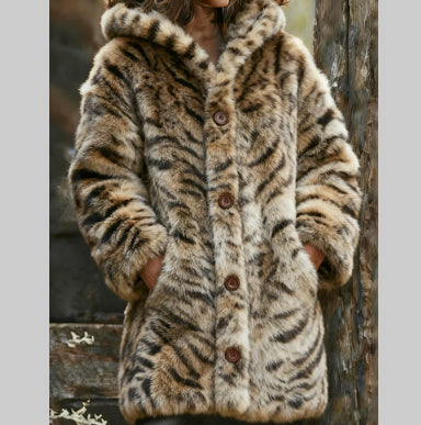 Elegant Chic Tiger Stripe Printed Womens Hooded Jacket – Thick Fleece Lined Winter Coat