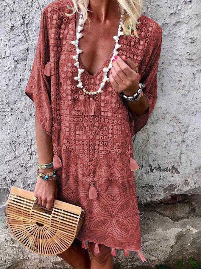 Bohemian Print V-Neck Midi Dress for Women