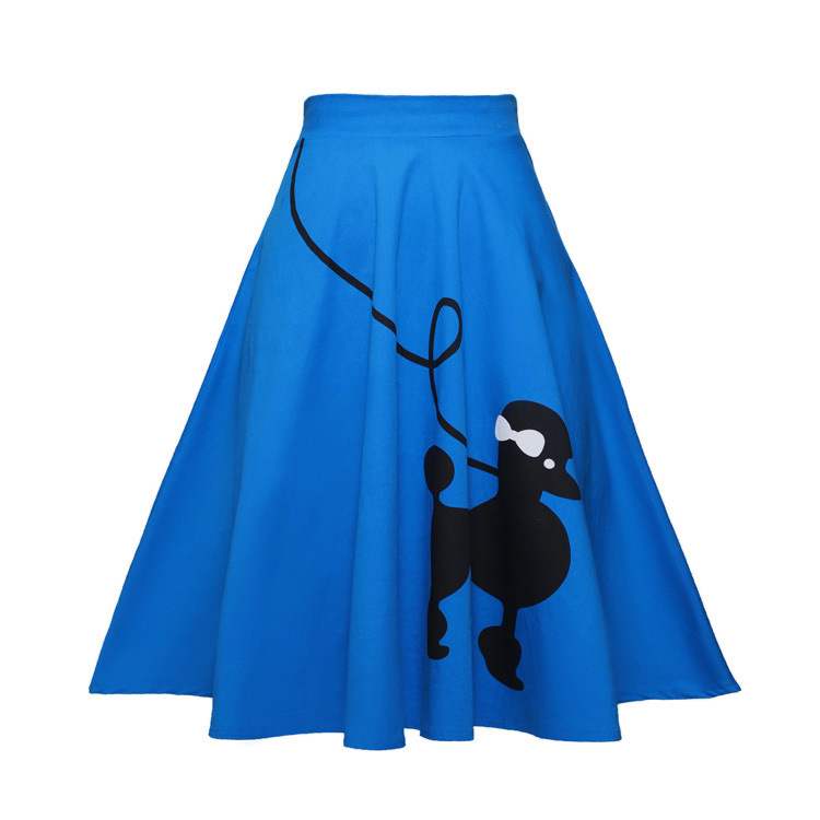 Vintage Poodle Print Big Skirt Cotton Dress – Full A-Line Retro Midi Dress