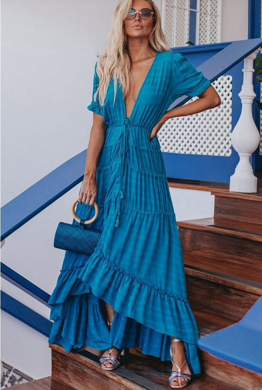 Bohemian Turkish Holiday Solid Color Cotton Patchwork Street Dress