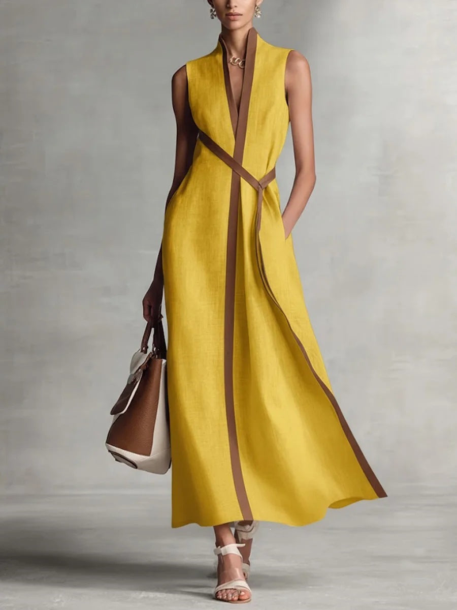 Color Block Sleeveless Stand Collar Linen Blend Dress – Elegant Summer Midi Dress