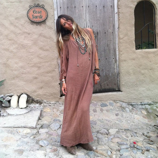 Bohemian Street Leisure Dress Women's Trumpet Sleeve Maxi Dress