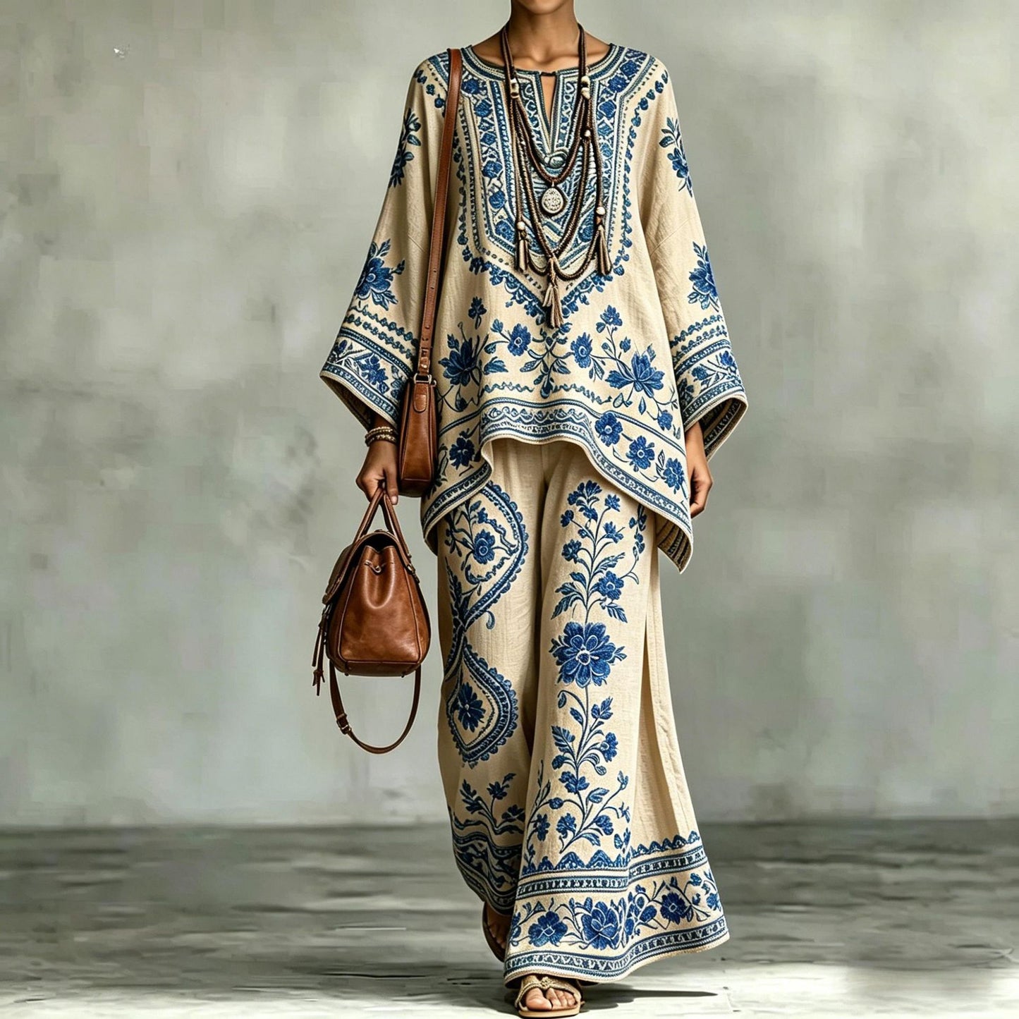 Loose Fit Printed Long Sleeve Top and Pants Set – Comfortable Casual Matching Lounge Set