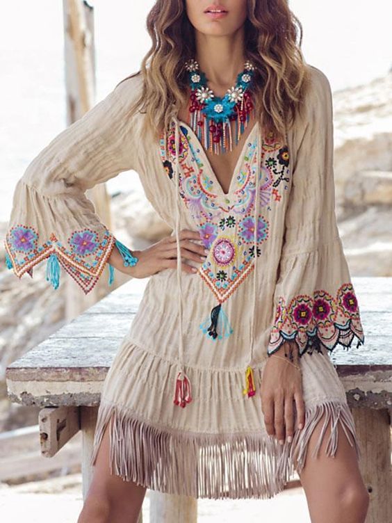 Haute Bohemian Fringed Embroidered Dress For Women