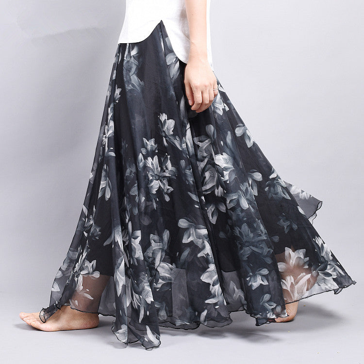 Boho Chic Chiffon Floral Maxi A-Line Swing Skirt