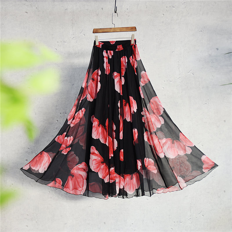 Boho Chic Chiffon Floral Maxi A-Line Swing Skirt