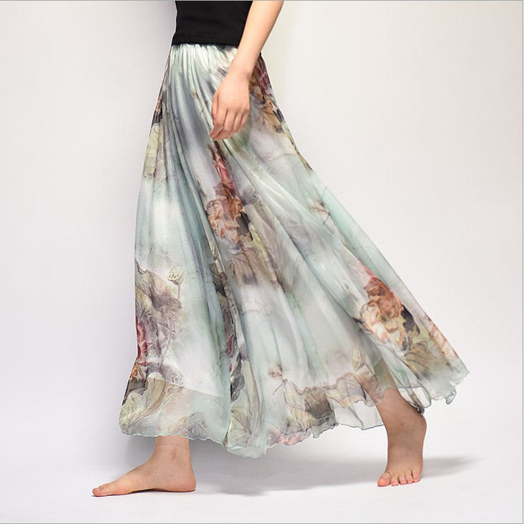 Boho Chic Chiffon Floral Maxi A-Line Swing Skirt