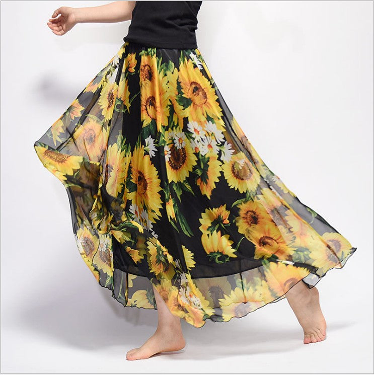 Boho Chic Chiffon Floral Maxi A-Line Swing Skirt