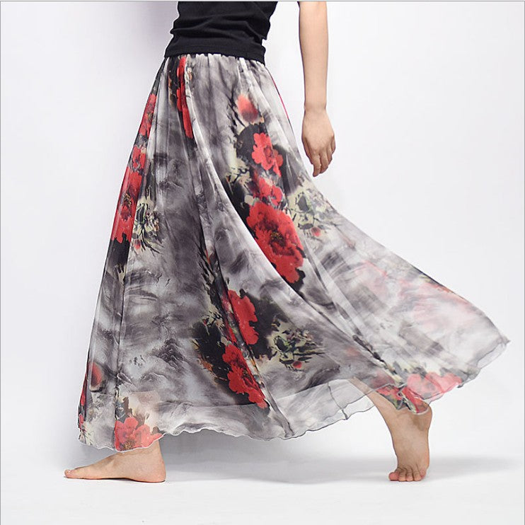 Boho Chic Chiffon Floral Maxi A-Line Swing Skirt