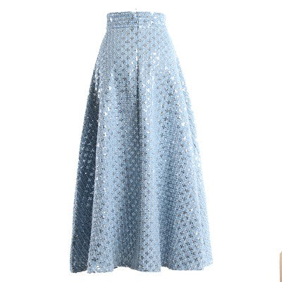 Mid-Length Embroidered Sequins High-Waisted Umbrella Denim Skirt – Retro Style