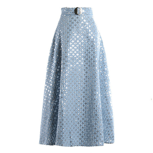 Mid-Length Embroidered Sequins High-Waisted Umbrella Denim Skirt – Retro Hong Kong Style