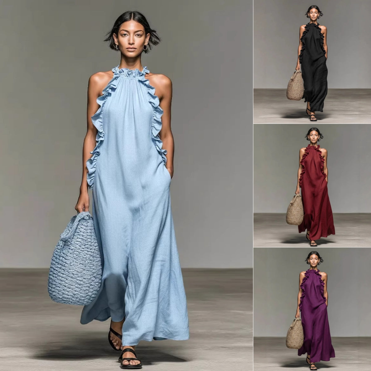 Resort Style Ruffled Halter Neck Sleeveless Maxi Dress – Loose Flowy Open Back Evening Gown