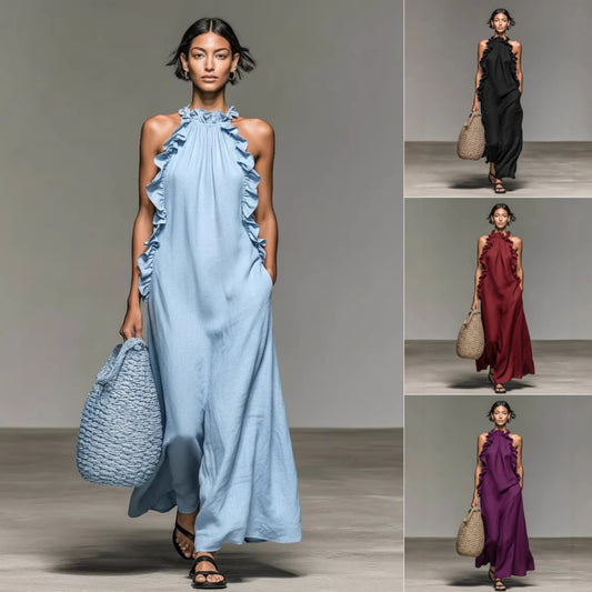 Resort Style Ruffled Halter Neck Sleeveless Maxi Dress – Loose Flowy Open Back Evening Gown