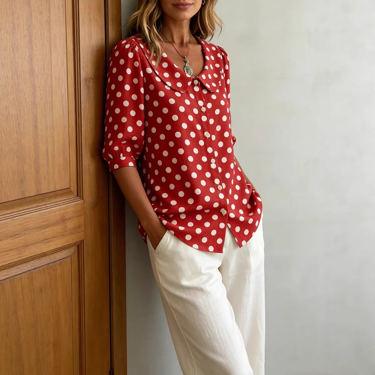 Vintage Polka Dot Loose Fit Cardigan Shirt – Retro Three-Quarter Sleeve Blouse
